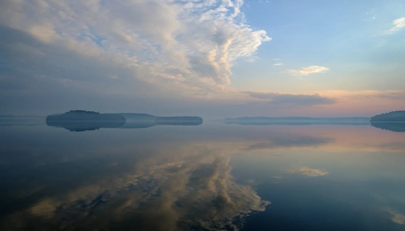 Блакитне небо з хмарами над водою — приклад атмосферного розсіювання світла